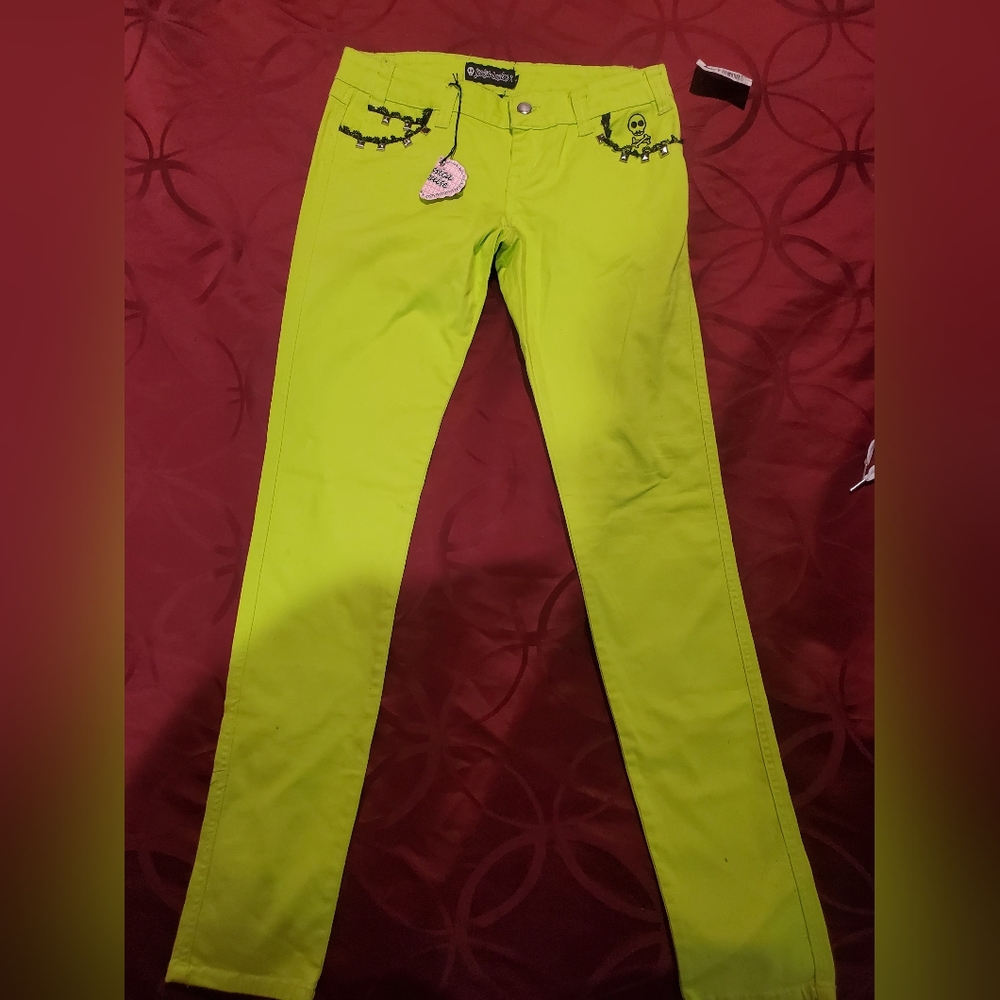 NWT Vintage Hot Topic Jessica Lousie Lime Green Lace Detail Skinny Jeans Size 5